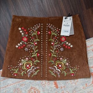 Zara Suede Embroidered Mini Skirt Size M